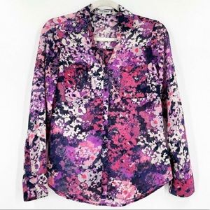 Express Womens XS Portofino Shirt Button Up Blouse Pink Purple Floral Watercolor